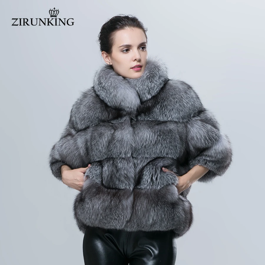 

ZIRUNKING Luxury Lady Fur Coat Real Silver Blue Fox Fur Women Short Jacket Stand Collar Three Quarter Sleeve Clothes ZC1609