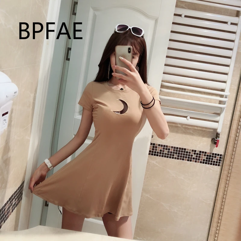 

BPFAE 2018 New Women Harajuku Chest Moon Hollow Out Short Sleeve O-Neck Sexy Slim Mini Dress Gothic Black/Khaki Dresses Vestido