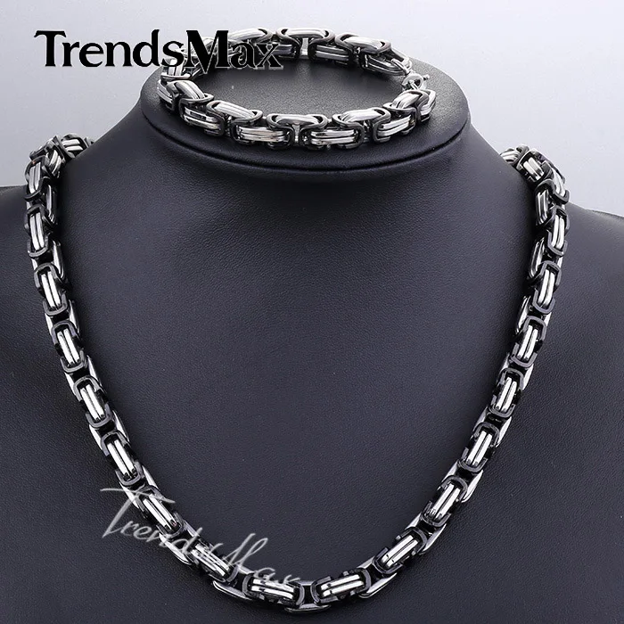 Trendsmax 8mm Mens Byzantine Box Black Gold Silver Tone Stainless Steel Necklace Bracelet Chain Set Length DIY Jewelry KS03