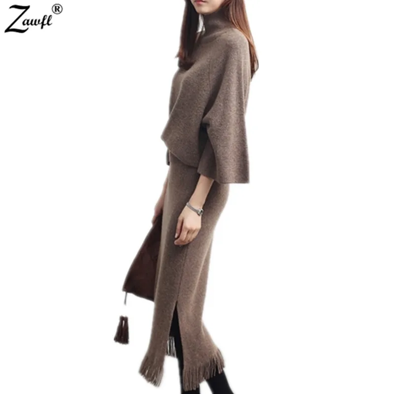 

Winter 2 Two Piece Set Knitted Sweater Tassel Skirt Suits Elastic Waist Skirts fashionsuit Warm Pullovers Femme Outfits Mujer