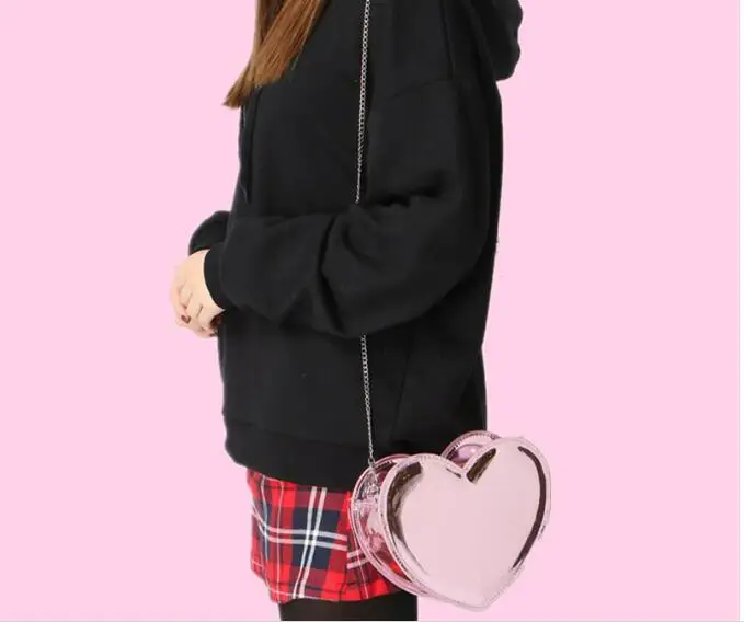 

Kawaii Lolita Hologram Laser PU Leather Embroidery Heart Love Metal Chain Shoulder Crossbody Messenger Bags Pink