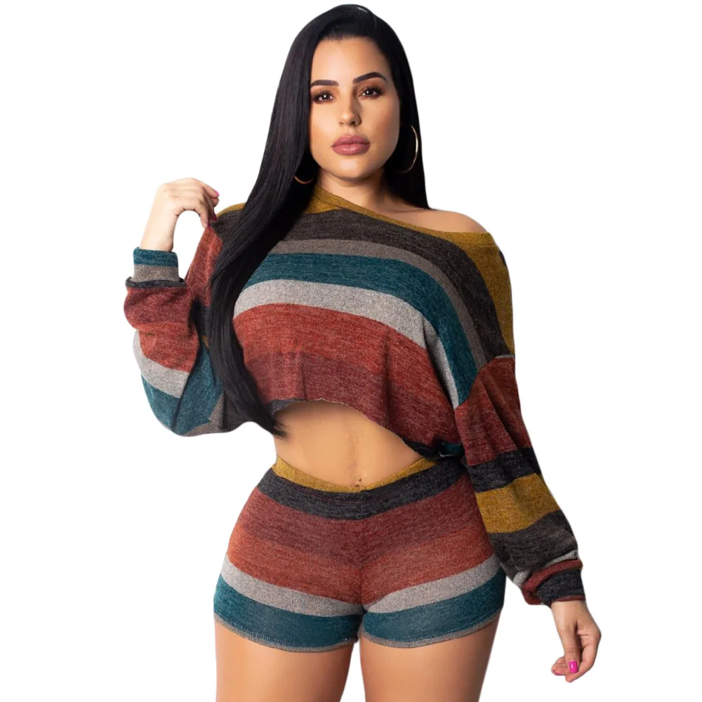 Two Piece Set Striped Playsuits Casual Short Pants Jumpsuit Rompers Sexy Crop Top Bodycon Overalls Long Sleeve Women Bodysuit