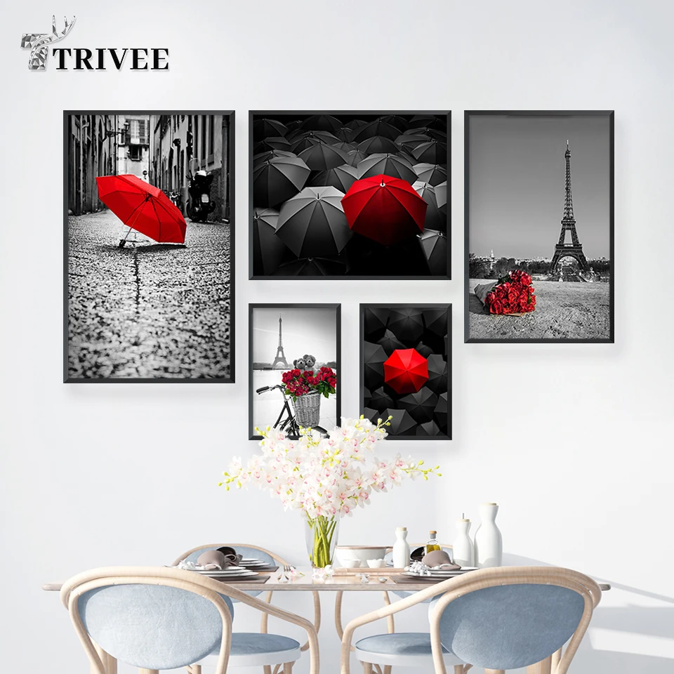 

Black And White Wall Decor Canvas Prints Paris Tower Red Umbrellas Street Landscape Wall decor Poster And Picture For Home