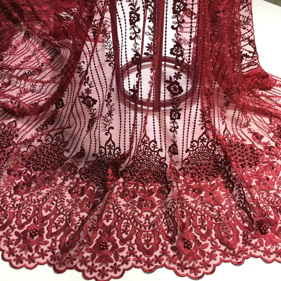 

Wine 2019 High Quality Nigerian Tulle Lace Fabrics Latest Beaded Mesh African Lace Fabric Bride French Net Lace Fabric M2670