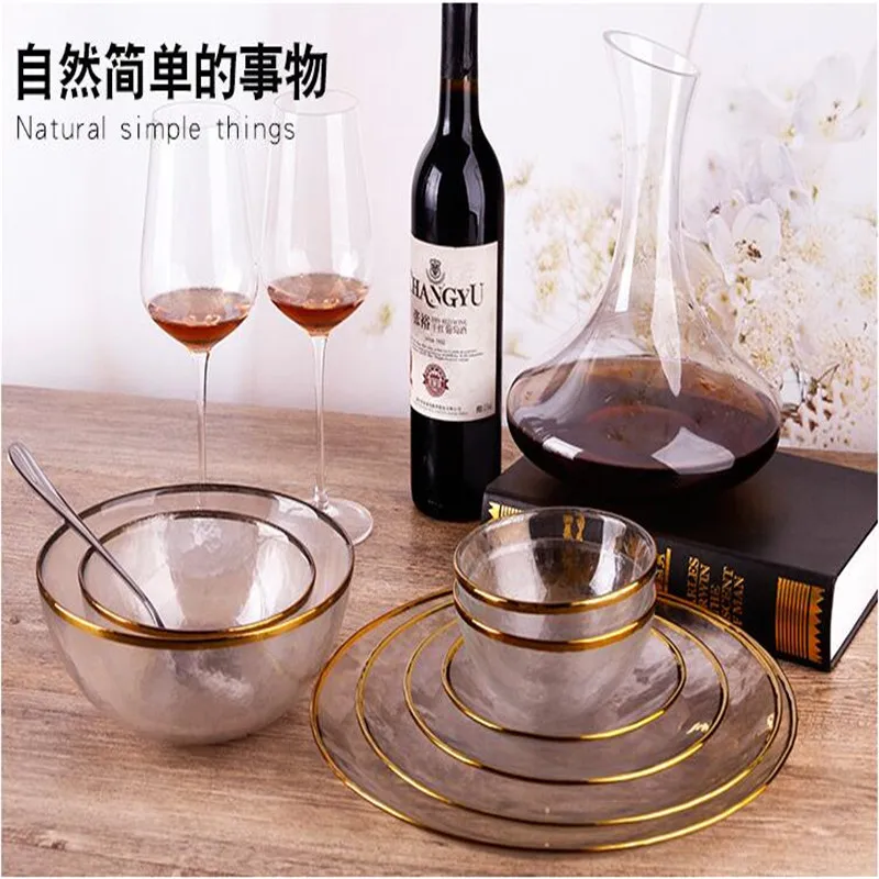 

1pc Gold Inlay Charger Plates Glass Steak Food Dish Nordic Style Retro Tableware Bowl Dinner Plate Cup High End Dinnerware Set