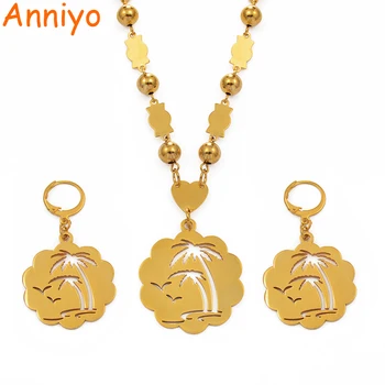 

Anniyo Coconut Tree Large Size Pendant Ball Beads Necklace Earrings sets for Women Gold Color Jewelry Stainless Steel #075621