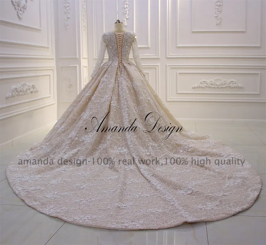 Аманда дизайн свадебное платье с длинными рукавами Кружева Аппликация 3D Цветы шампанское роскошные свадебные платья