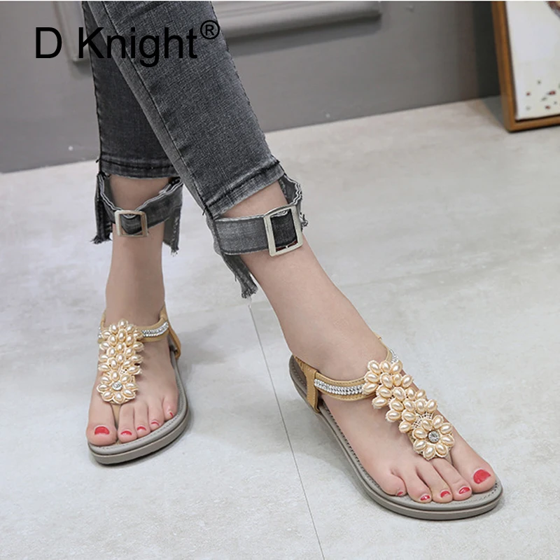D Knight New women Bohemia Flat Sandals Shoes Woman Rhinestone Flip Flop Crysta Flower Beach Sandals Casual Shoes Big Size 36-42 (15)