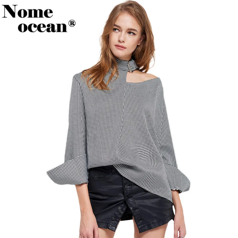 Adjustable Buckle Stand Collar Women's Shirts Cut Out Irregular Collar