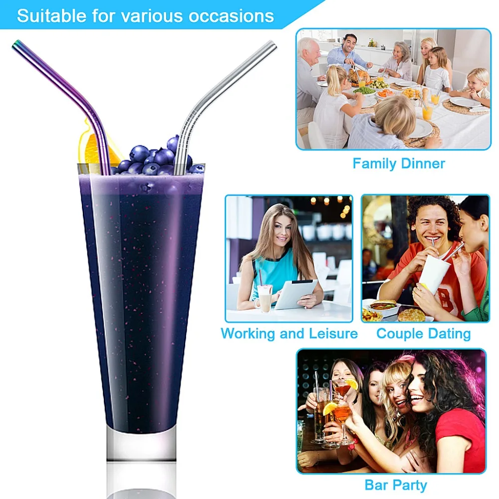 Reusable Stainless Steel Straws 8 Pieces Set With 2 Cleaning Brushes FDA approved Metal Eco-friendly Drinking Straws Silver and Rainbow Color-6mm x 8.5 inch (3)
