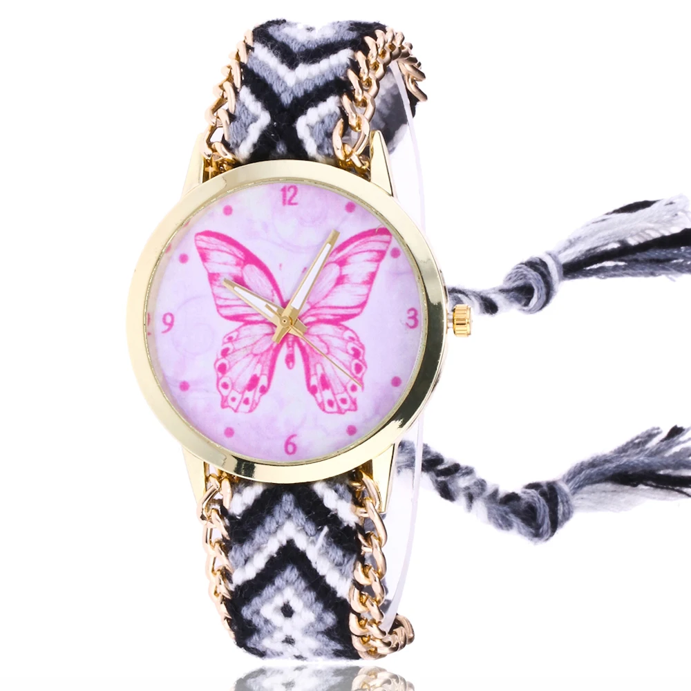 Новые модные женские часы ретро розовый циферблат часы Бабочка Досуг ручной работы вязаный ремешок женская одежда кварцевые наручные часы