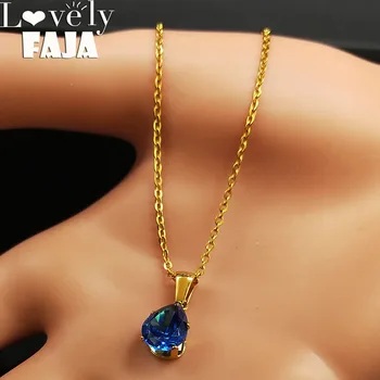 

2020 Fashion Blue Crystal Stainless Steel Statement Necklace for Women Water Drop Gold Color Necklace Jewelry collier N18613