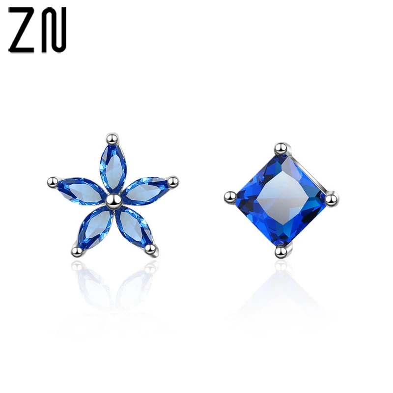 

ZN 2019 Silver Earrings For Women Nail Female Korean Version Small Fresh Blue Five Petal Flowers Sweet Asymmetrical Stud Earring