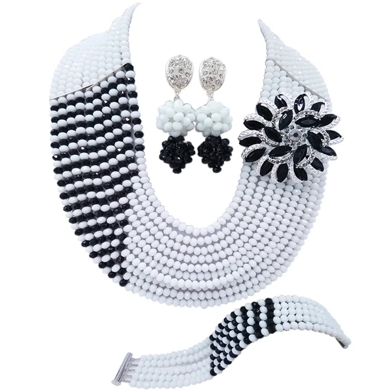 

ACZUV White and Black African Jewelry Set Nigerian Beads Wedding Bridal Party Jewelry Sets 10C-JZ006