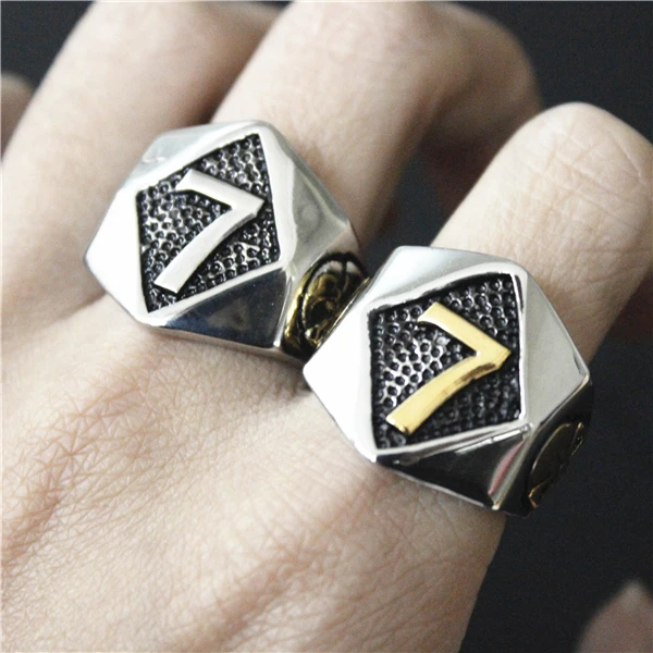 

Size 7 to 15 New Arrival Lucky Number 7 Biker Ring 316L Stainless Steel Mens Women Golden Silver Skull Ring