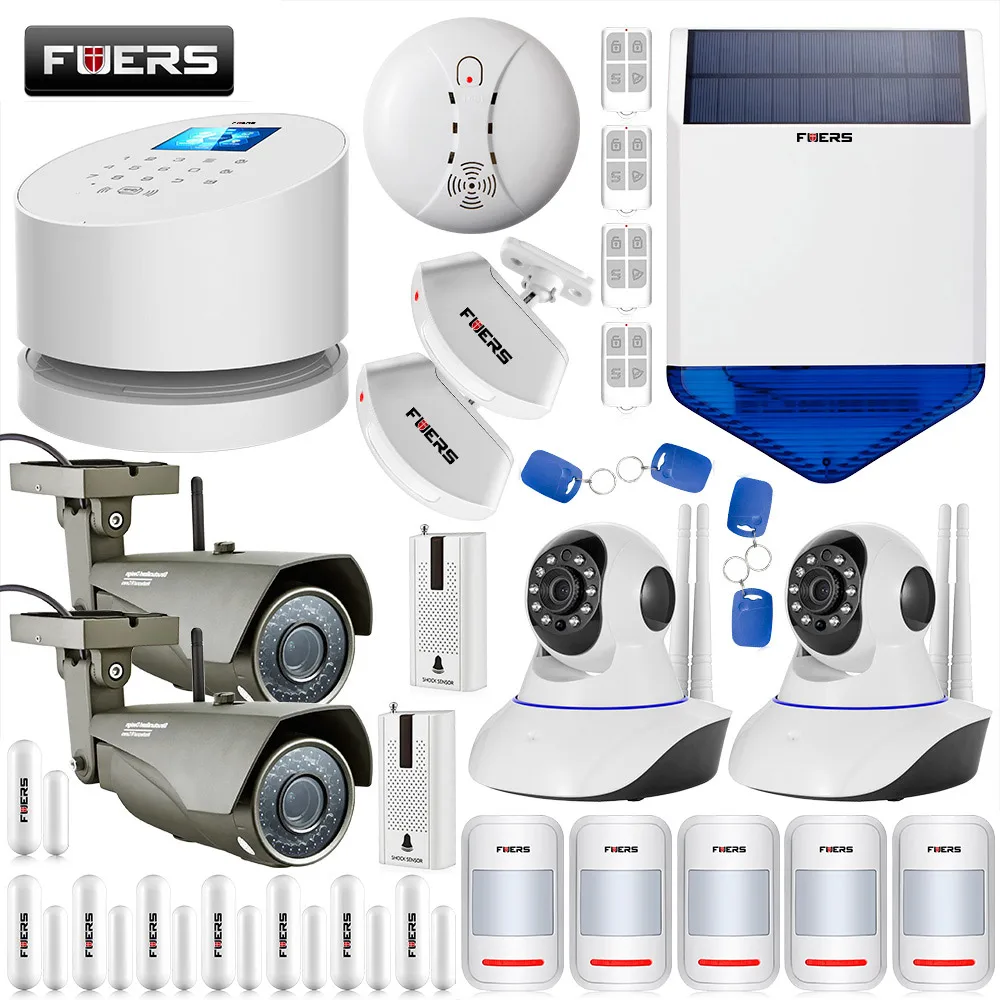 

FUERS GSM PSTN Wifi Systems Home Security Smart Alarm System 1080P WIFI External Indoor IP Camera Solar Strobe Siren