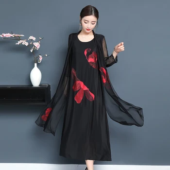 

YICIYA Black Flowing Silk Summer Plus Size Dress 2 piece for Women Elegant Vintage Chinese Party Dresses cardigan Floral Print