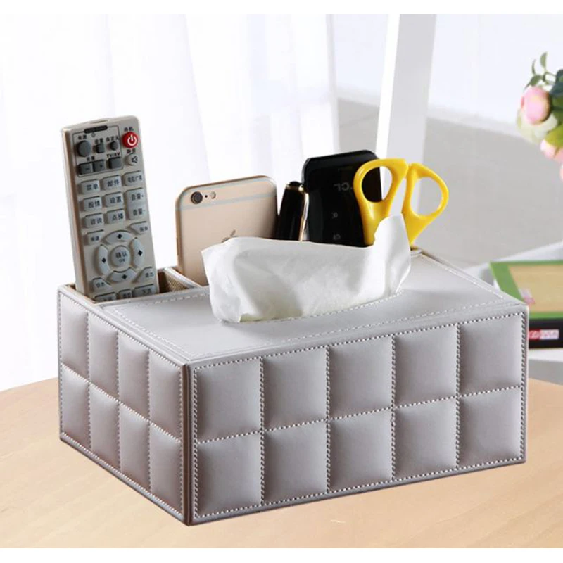 MICCK Tissue Box PU Leather Multifunctional Napkin Phone Remote control holder wooden Storage Box Desk organizer Container
