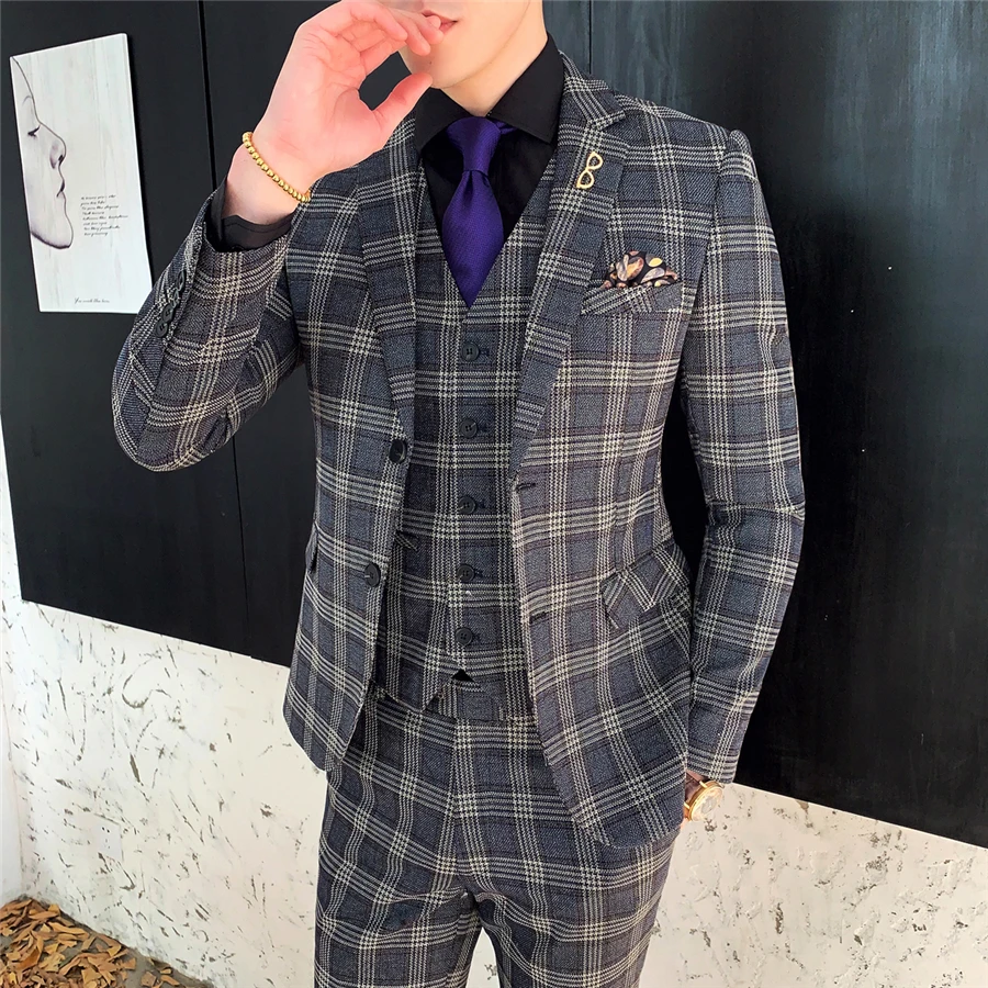

Classic Men Plaid Striped Suit Slim Design Business Banquet Men Blazer Jacket with Pants and Vest Asian Size S M XL XXL XXXL