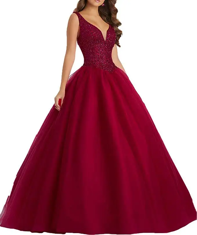

2019 Women's V Neck Evening Ball Gown Beaded Long Formal Prom Dresses Vestidos De Festa