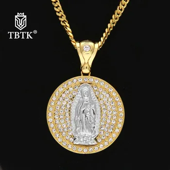 

TBTK Round&Ellipse Style PendantChristian Virgin Mary Pendant Full Iced Out Rhinestones Sparkling Beautiful Pendant Necklace