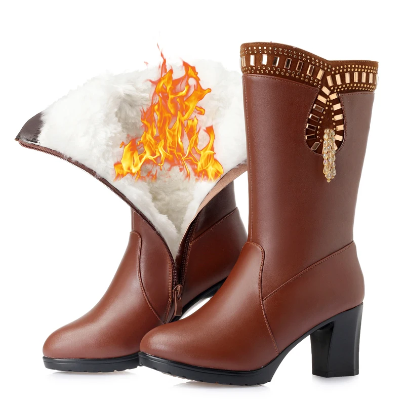 GKTINOO/новые женские зимние ботинки обувь из натуральной кожи до середины икры на Высоком толстом каблуке женские теплые ботинки из плюша и шерсти Женская обувь размера плюс