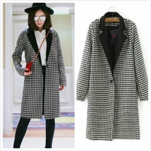 Winter Wool Coats Women 2015 New Hot Fashion Black White Plaid Print Women Wool Coat Slim Thin Wool Blends Warm Long Overcoat XL