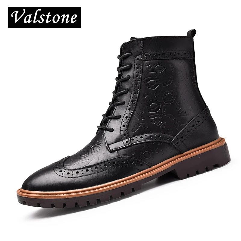 

Valstone winter Men's Genuine Leather boots Brogues Luxury Waterproof natural leather Snow boot high-top Plush lining plus size