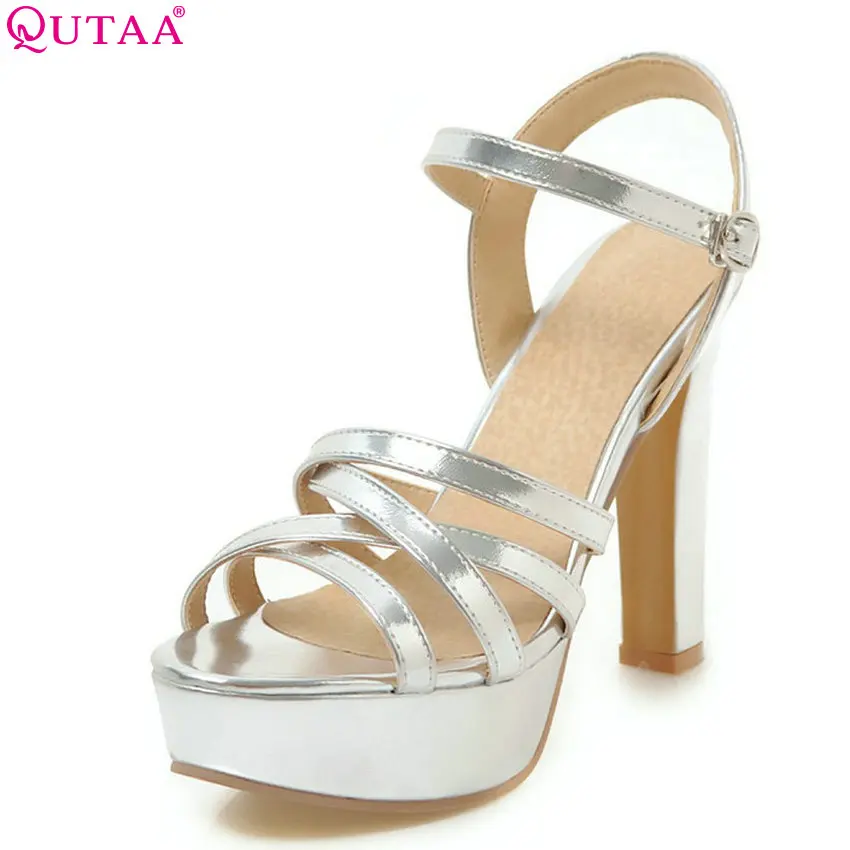 

QUTAA 2018 Women Pumps Square High Heel Women Shoes Platform Buckle Peep Toe All Match Out Door Black Women Pumps Size 34-43