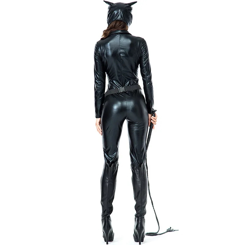 New Women Cat Suit Faux Leather Cat Women Jumpsuits Black Stretch PVC