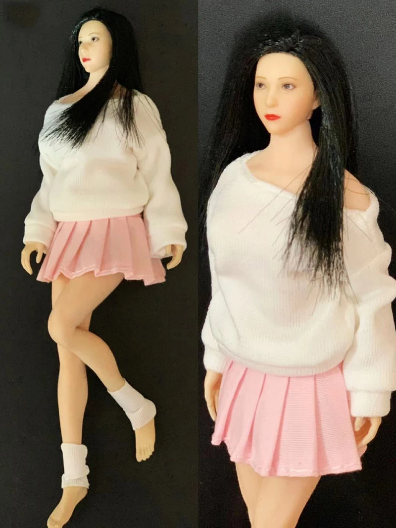 Модель 1/12 года: белая футболка с длинными рукавами, розовая плиссированная юбка для 1:12 девочек