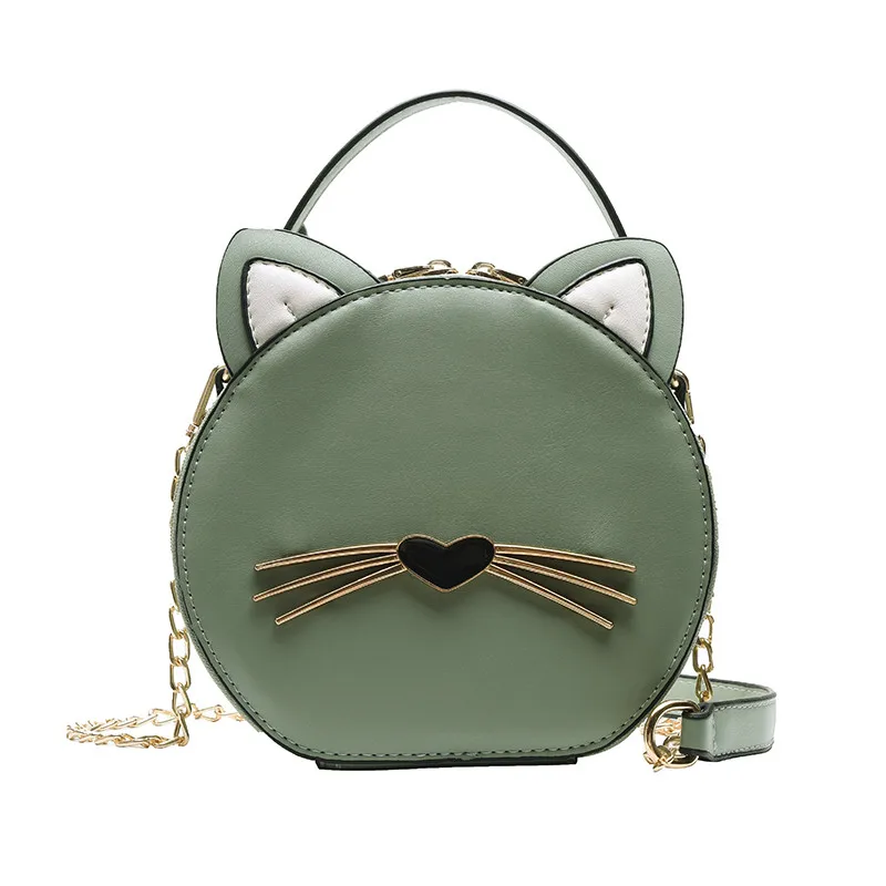 Модная женская круглая сумка кожаная женская круглая сумка через плечо милый кот Женский кошелек женская сумка Bolsa - Цвет: Зеленый