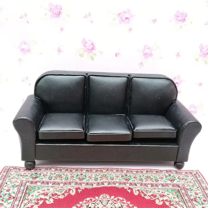 Toygogo 1//12 Miniature Three Person Sofa Leather Couch Dollhouse Living Room Furniture Children