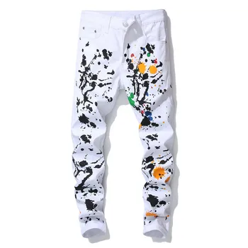 

Black White Pants Men Paint Dots Print Stretch Pencil Pants Fashion Hip Hop Streetwear Pants
