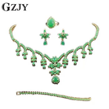 

GZJY Gorgeous Green Zircon Bridal Jewelry Sets Gold Color Flower Necklace Earrings Ring Bracelet Sets Wedding Jewelry For Women