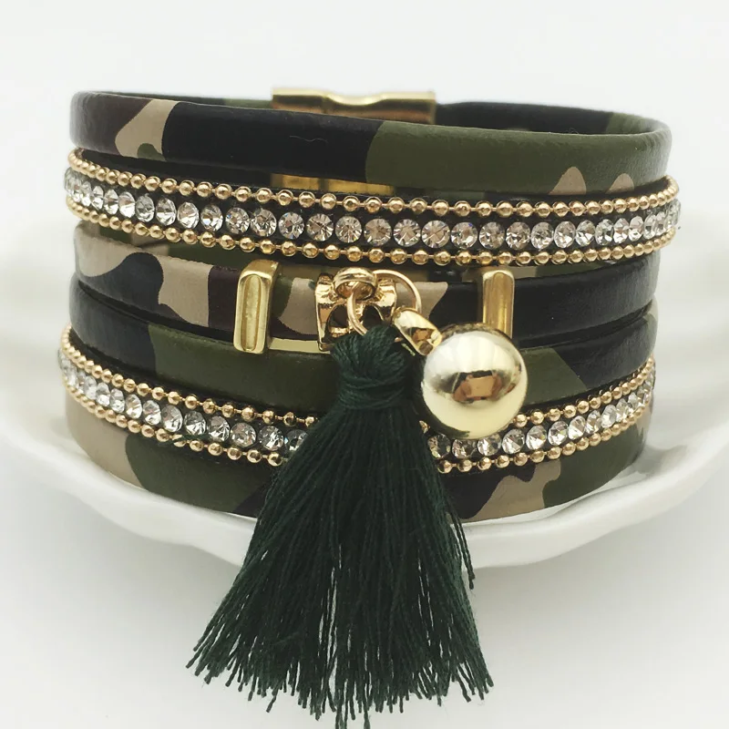 

LEMOER Boho Multilayer Army Green Leather Tassel Bracelet magnet buckle Handmade Friendship Jewelry pulseira for Women men Gift
