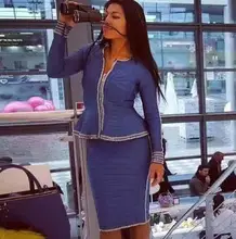 HOT Celebrity High Quality Chain Front Zipper Long Sleeve 2 Pieces Set Bodycon Rayon Bandage Dress