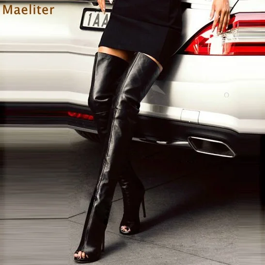 open toe black knee high boots