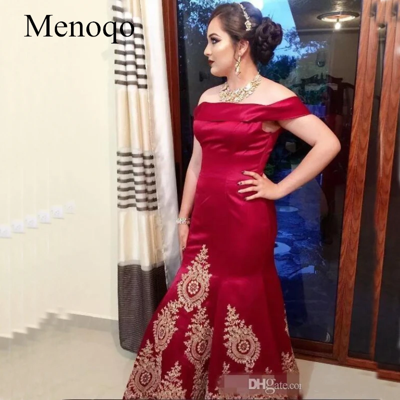 2018 Vintage Arabic Abendkleider Mermaid Formal Evening Dresses with Gold Appliqued Off Shoulders Floor Length Prom Dresses Long Party Gowns (1)_