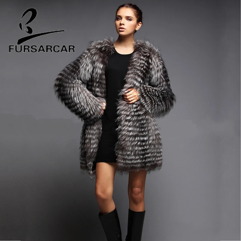 FURSARCAR New Real Natural Silver Fur Women Warm Winter Coat Fashion Luxury Genuine Fur Jacket Outerwear For Female Garment