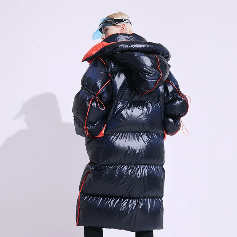 ZURICHOUSE брендовая зимняя куртка на гусином пуху Женская длинная Роскошная куртка с контрастным по цвету капюшоном парка модная свободная теплая Дамская пуховая куртка