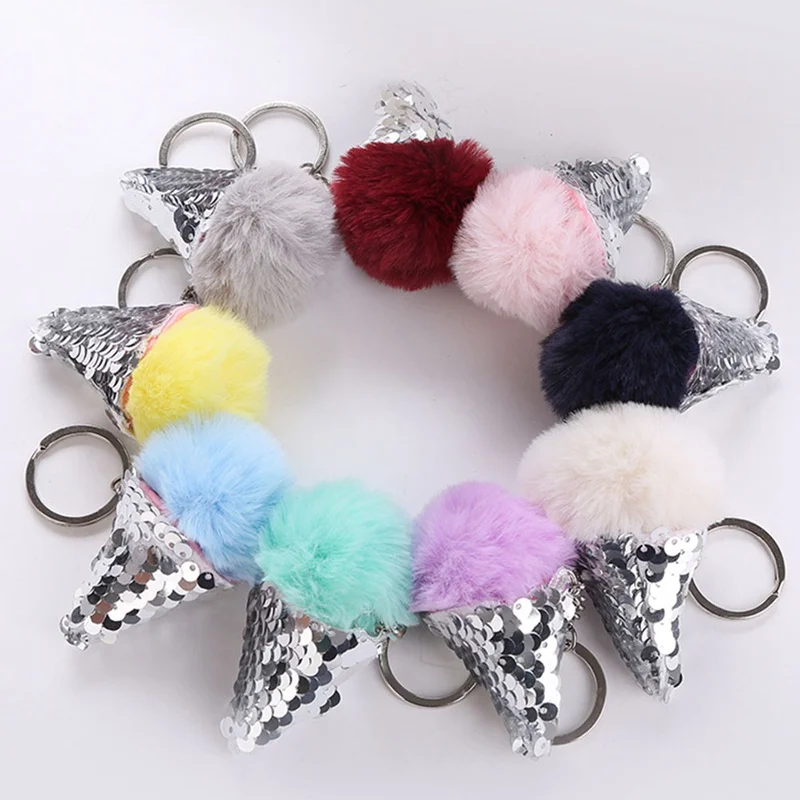 

Sequins Fur Ball Ice Cream Cone Keychain Furry Acrylic Key Chain Ring Keyring Pompon Backpack Women Shoulder Bags Pendant
