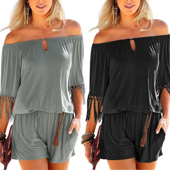 

Women Off Shoulder Tassel Sleeve Jumpsuits Shorts Playsuits with Pockets for Summer H9