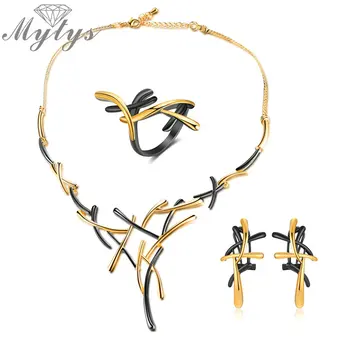 

Mytys Fashion Geometric Two Tone Jewelry Sets for Women Earrings Neck Ring Sets Gold Black Gun Mix Color CN363 CE341 R1915