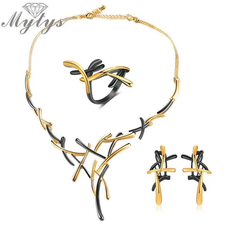 Tanie Mytys moda geometryczne Two Tone zestawy biżuterii dla kobiet kolczyki pierścień uszczelniający zestawy złoty czarny pistolet Mix kolor CN363 CE341 R1915