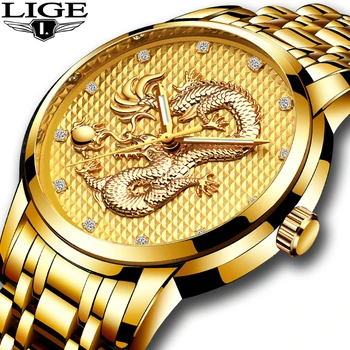 

LIGE Mens Business Watches Top Brand Luxury Gold Dragon Sculpture Quartz Watch Men Full Steel Wristwatch +box relogio masculino
