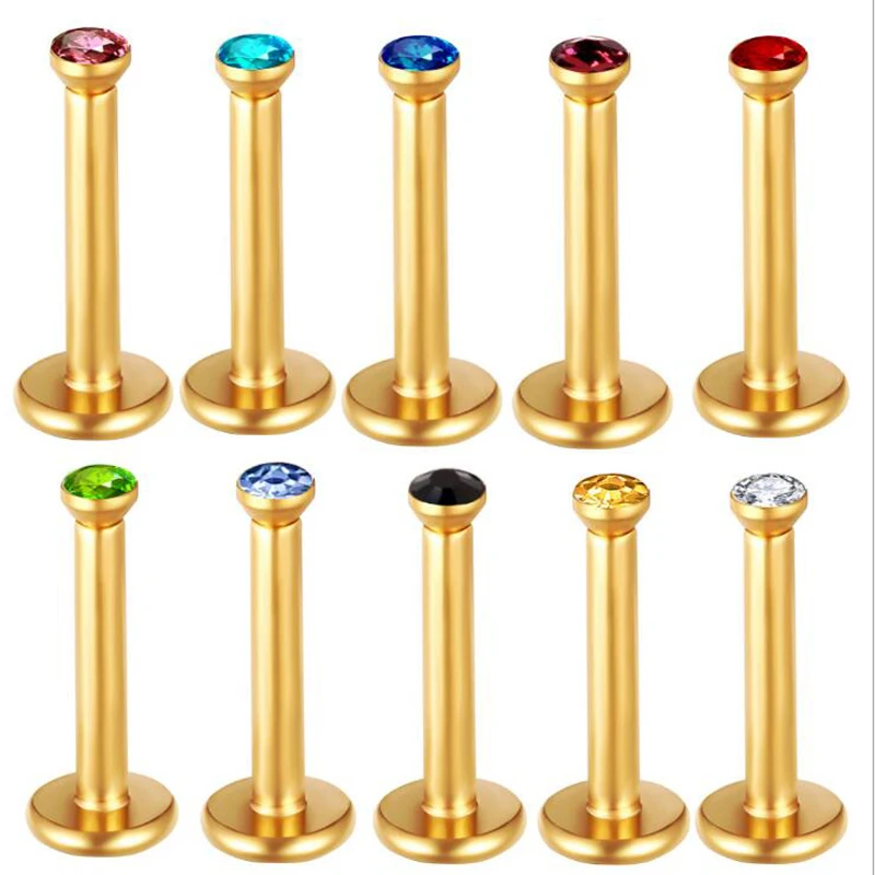 

SaYao 1.2x8x2mm 16G Gold Titanium Anodized Internally Threaded Prong Colorful Gem Labret lip piercing labret ring Tragus Earring
