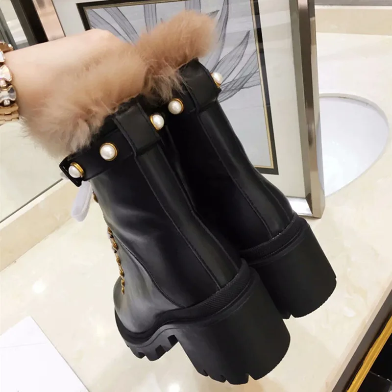 Pearl Short Winter Boots Women Black Animal Print Lace Up Ankle Botas Feminina Metal Decoration Leather Martin Bottes Femme