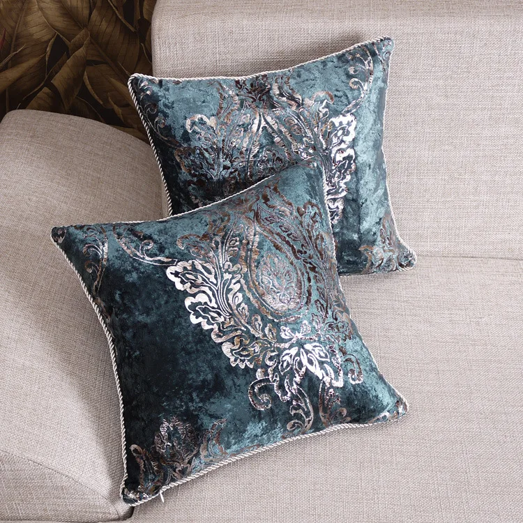 Luxury Blue Flannel Bronzing Fabric Cushions Cover High Quality Solid Gold Foil Stamping Throw Squard Pillow Covers | Дом и сад