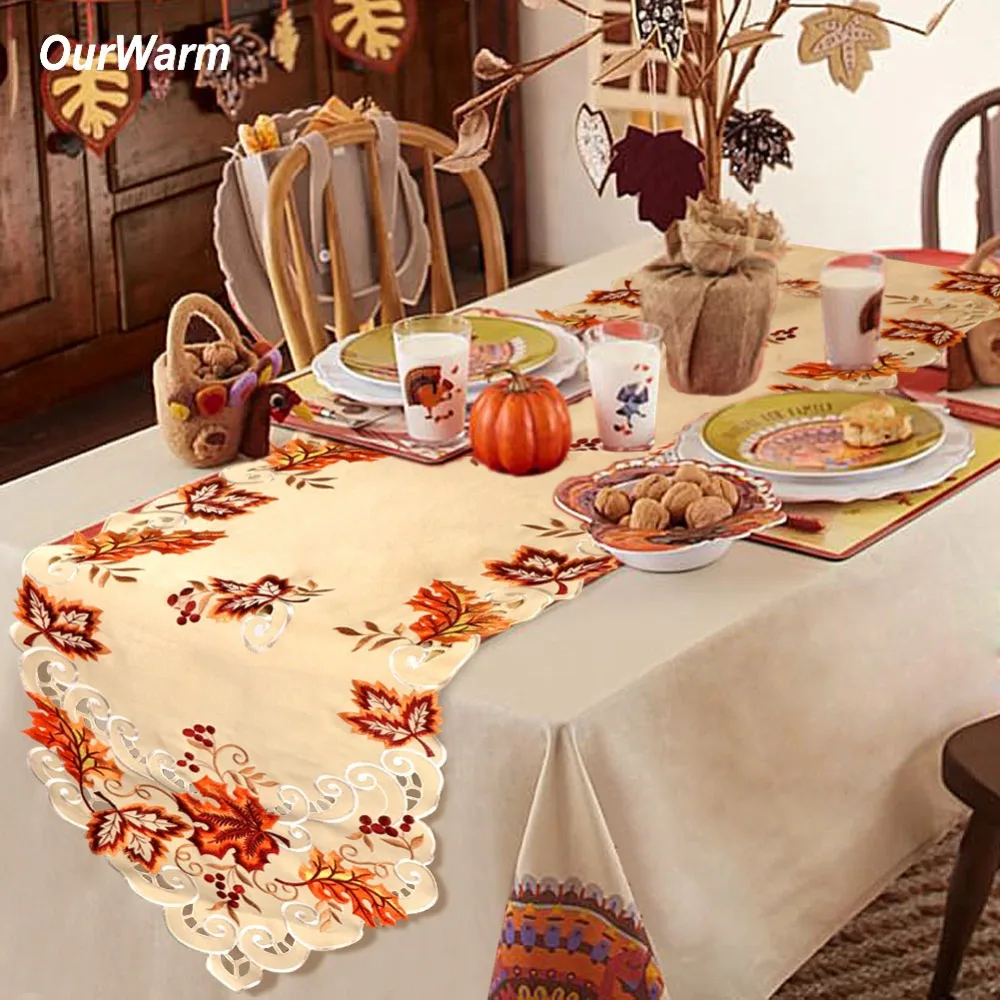 

OurWarm Thanksgiving Table Runner 38*170cm Maple Leaves Embroidered Table Cover Birthday Fall Wedding Decoration Home Textile